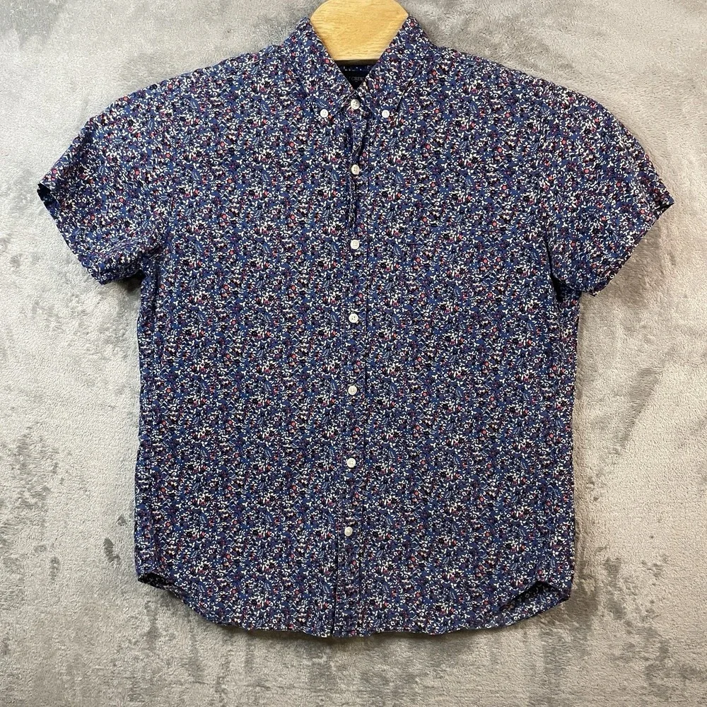 J Crew Men's L Short Sleeve Shirt Blue Floral Classic All Over Print Short Sleev